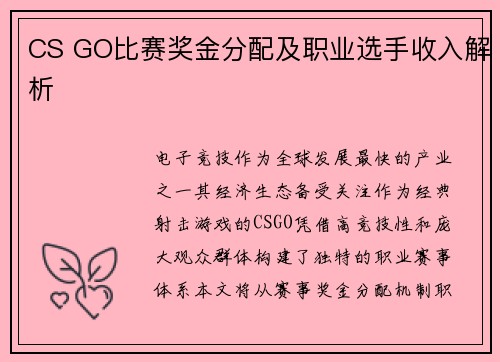 CS GO比赛奖金分配及职业选手收入解析