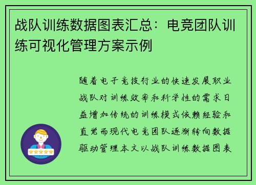 战队训练数据图表汇总：电竞团队训练可视化管理方案示例