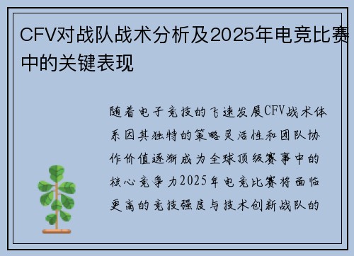 CFV对战队战术分析及2025年电竞比赛中的关键表现