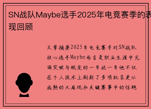 SN战队Maybe选手2025年电竞赛季的表现回顾