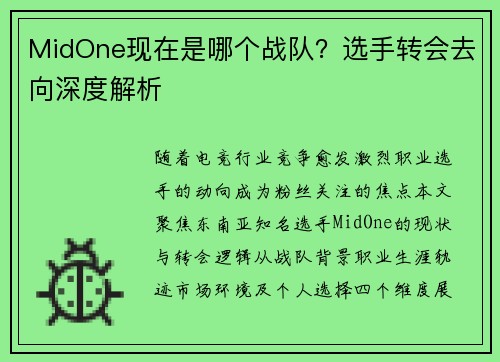 MidOne现在是哪个战队？选手转会去向深度解析