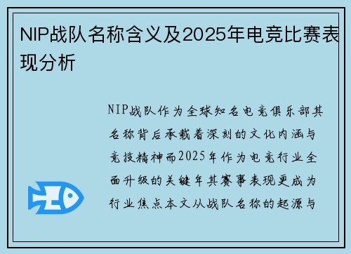 NIP战队名称含义及2025年电竞比赛表现分析